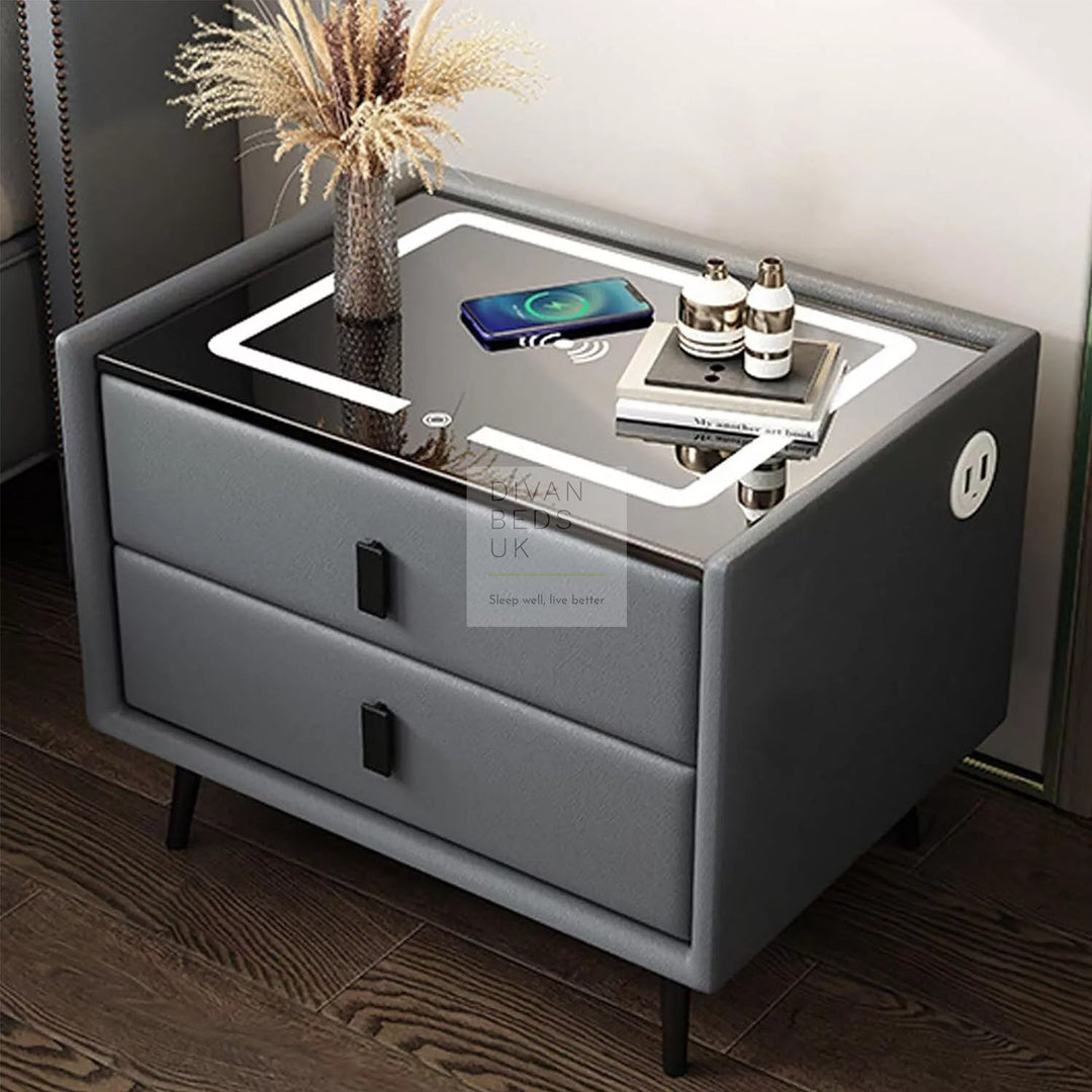 Elara Grey 2 Drawer Smart LED Bedside Table with USB, Type C and Wireless Charging