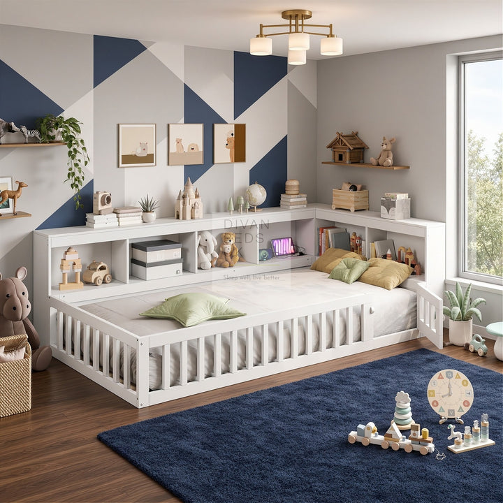 Woodward White Wooden Low Floor Bed with Type C and USB Charging Headboard Storage Shelf