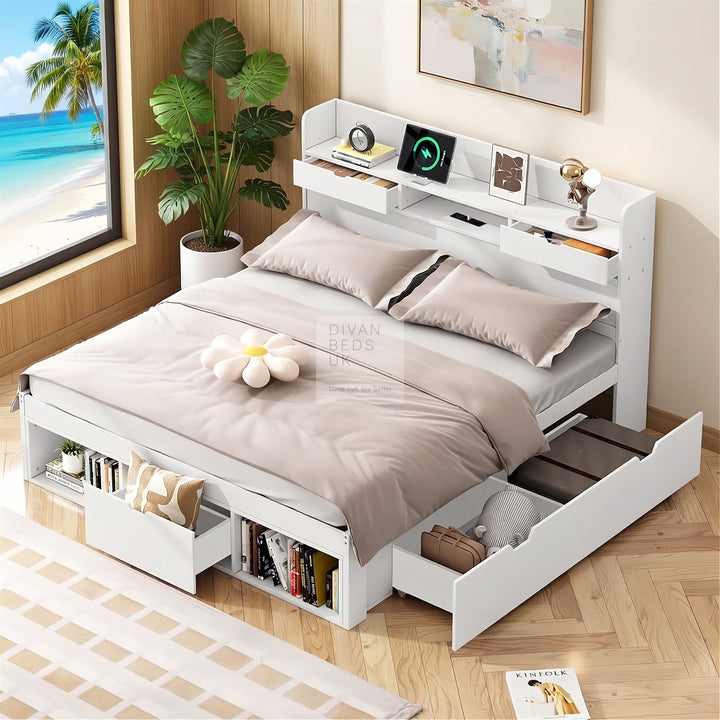 Castaneda White Wooden Smart Bed with 4 Drawers, Power Outlets and USB Ports & Shelves
