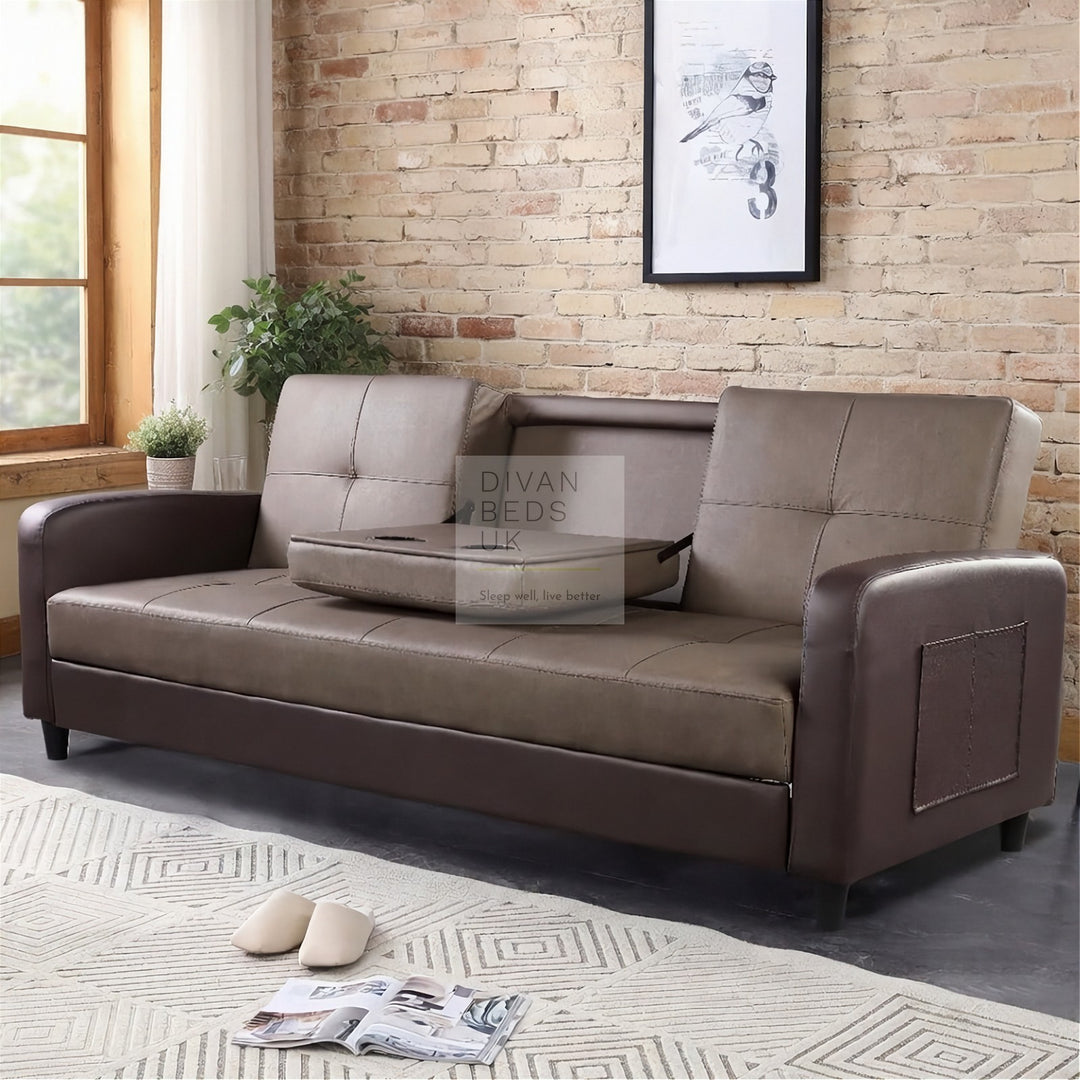 Salazar Ash Grey Brown Leather 3 Seater Sofa Bed with Cup Holders, Armrest and Side Storage Pockets