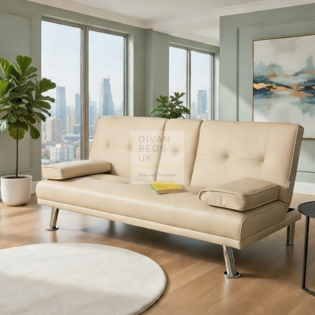Cadence Cream Leather 2 Seater Sofa Bed with Cup Holders and Matching Pillows