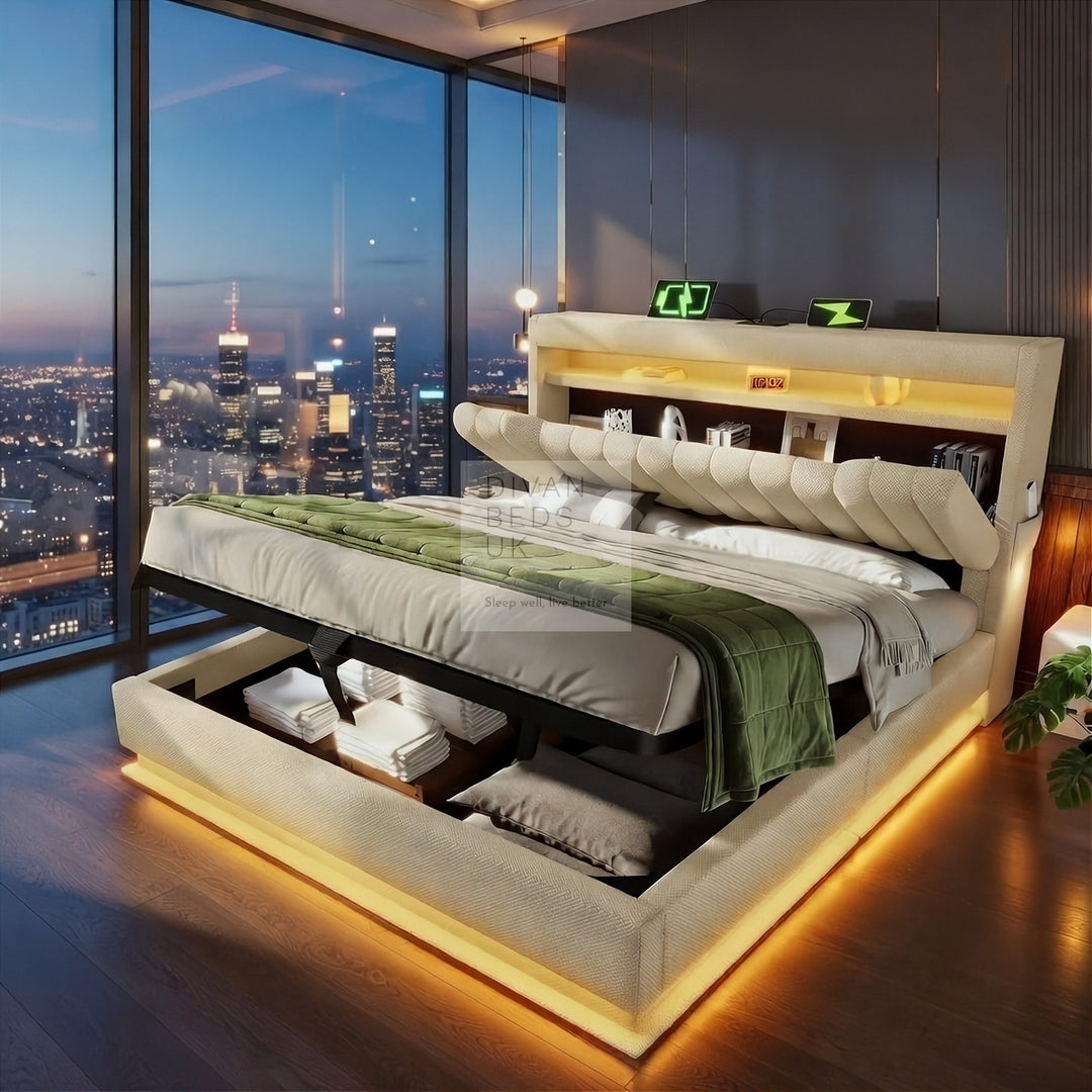 Moreno Beige Linen Wingback Ottoman Storage Smart Bed with Type C, USB &amp; Wireless Charging Headboard Shelves