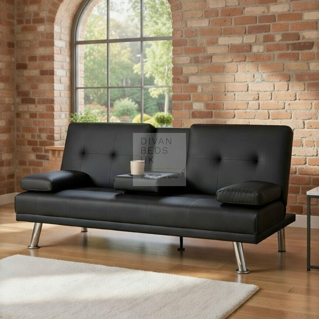 Cadence Black Leather 2 Seater Sofa Bed with Cup Holders and Matching Pillows