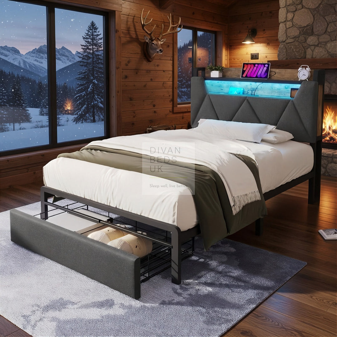 Cagliari Kids Charcoal Grey Linen 2 Drawer Smart Bed with LED Light, Type C and USB Charging Headboard Storage Shelf