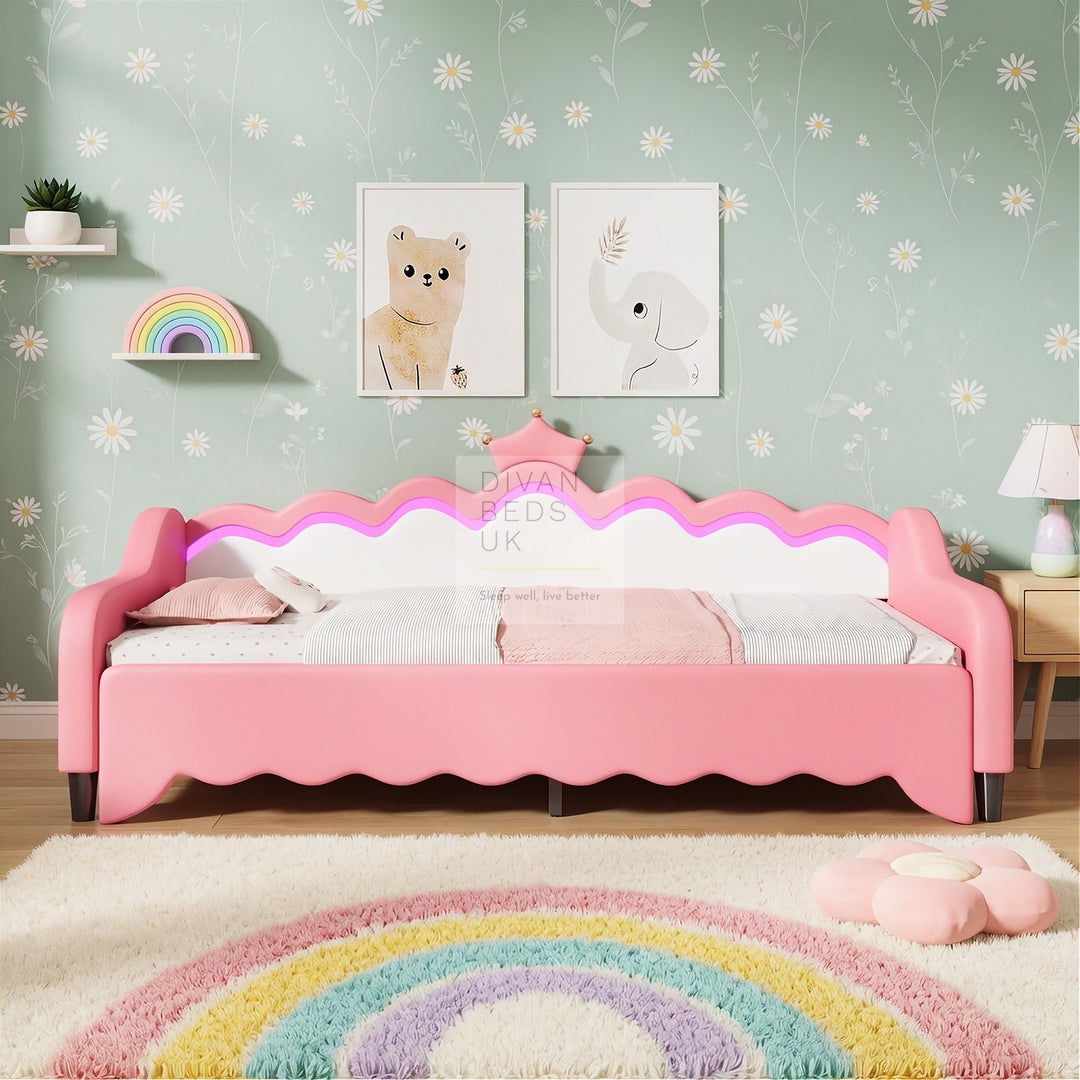 Vivian Pink Leather Girls Smart Sofa Bed with LED Lights & Trundle Daybed Couch
