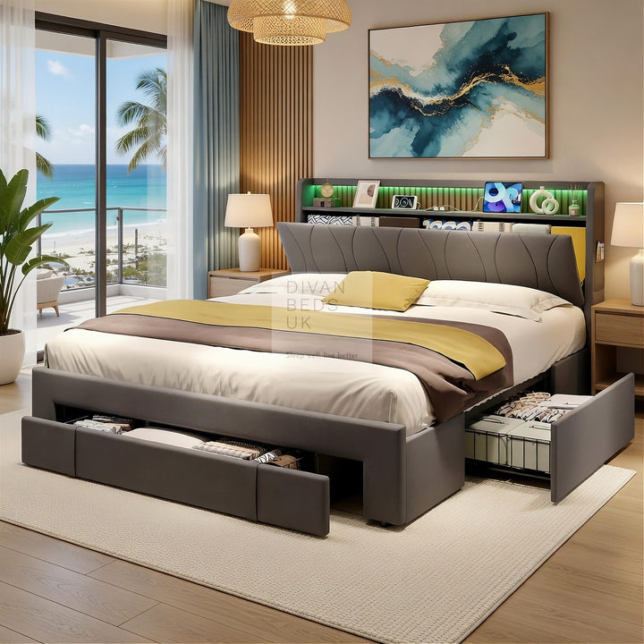 Emilio Wingback Grey Linen Smart Bed with 3 Drawer Storage, LED Lights, Charging Station USB, Type C on Headboard Storage Shelf