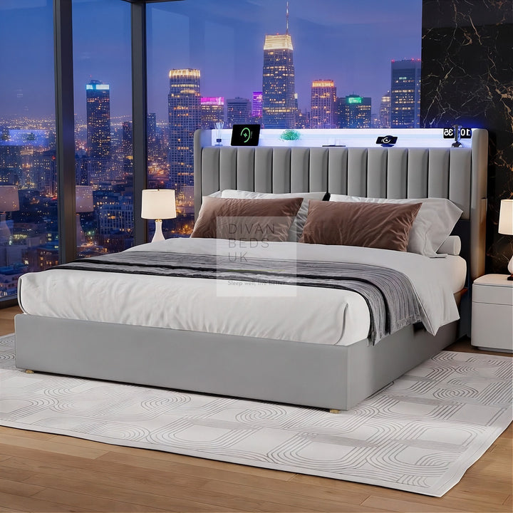 Mauricio Grey Leather Ottoman Smart Bed with LED Headboard Storage Charging Station, Socket, USB and Type C Port
