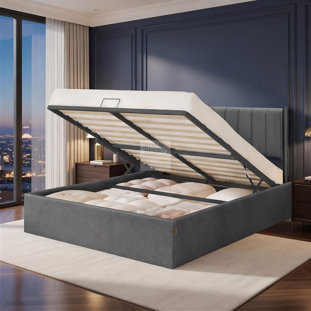 Schwartz Heavy Duty Grey Cotton Ottoman Storage Bed with Headboard and Removable Covers