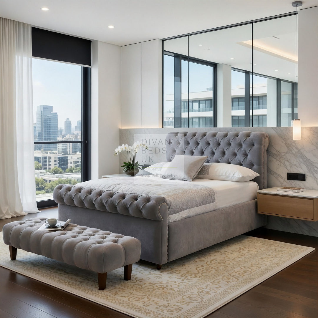 Penelope Upholstered Scroll Sleigh Ottoman Bed Frame