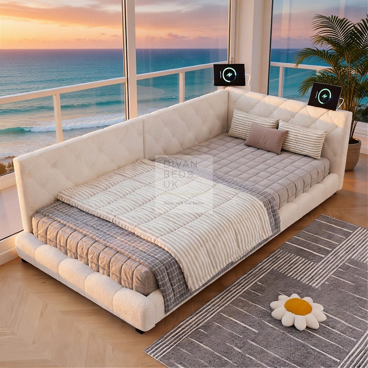 Imani Kids Soft Boucle Beige Fabric Low Smart Sofa Bed with USB & Type C Charging Station