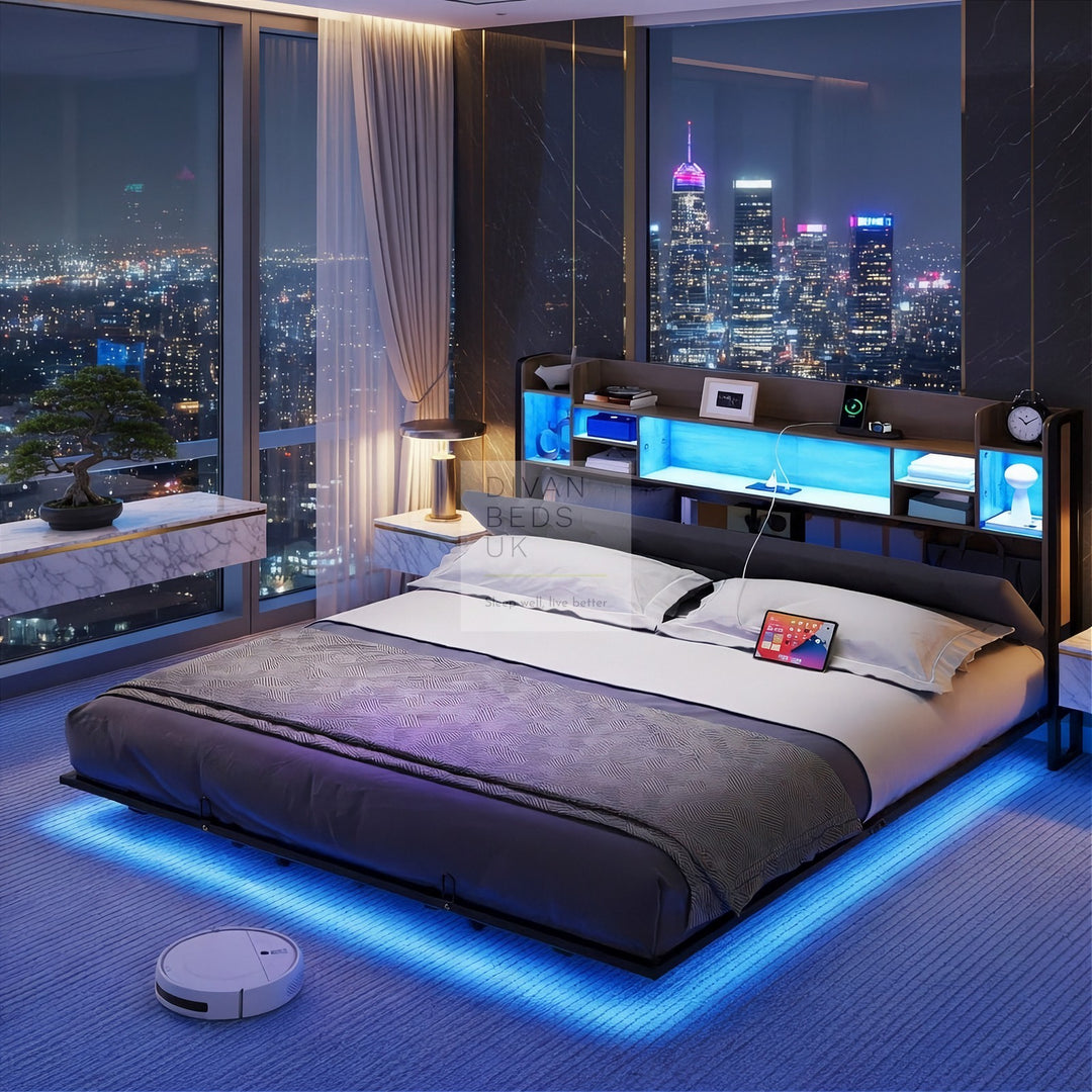Burton Smart Metal Floating Bed Frame with Grey Padded Storage Headboard, LED Lights, USB, Type C & AC Sockets Charging Station