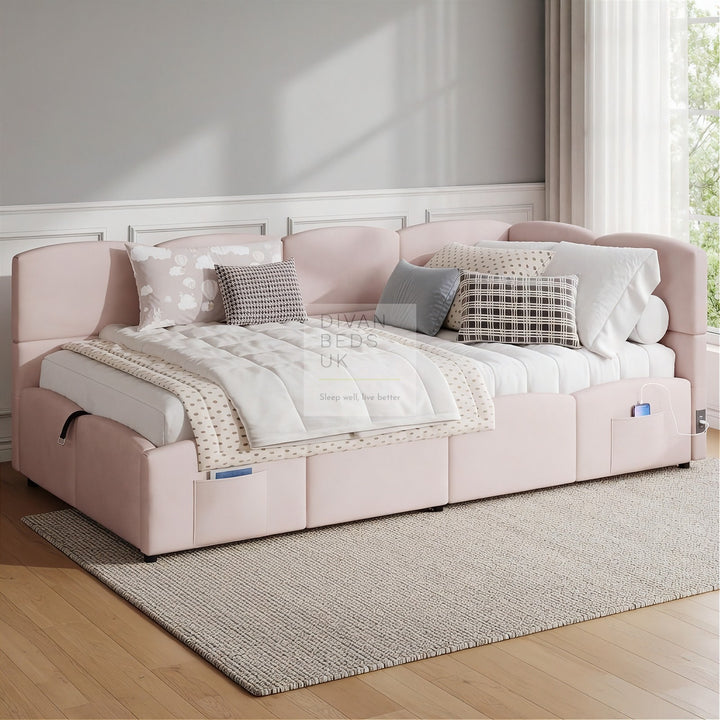 Amaia Pink Plush Velvet Smart Ottoman Storage Daybed Sofa Bed Couch with Charging Station, USB & Type C Ports