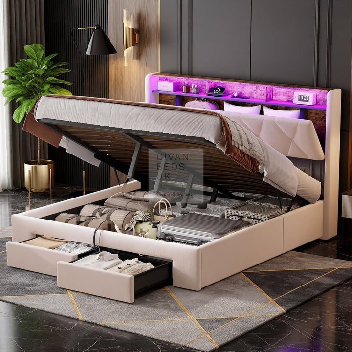 Velasquez Beige Plush Velvet Ottoman Storage Smart Bed with Type C, USB & Socket Charging Headboard Storage Shelves