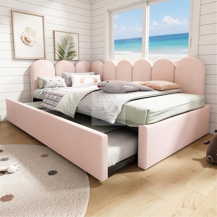 Novara Pink Plush Velvet Convertible Corner 2 Seater Daybed Sofa Bed Couch with Trundle