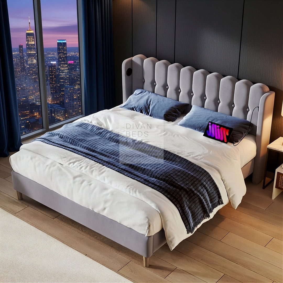 Calabria Wingback Grey Linen Smart Bed with USB & Type-C Charging Stations on Both Sides