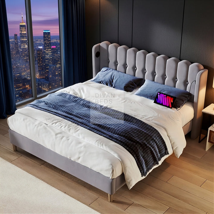 Calabria Wingback Grey Linen Smart Bed with USB & Type-C Charging Stations on Both Sides