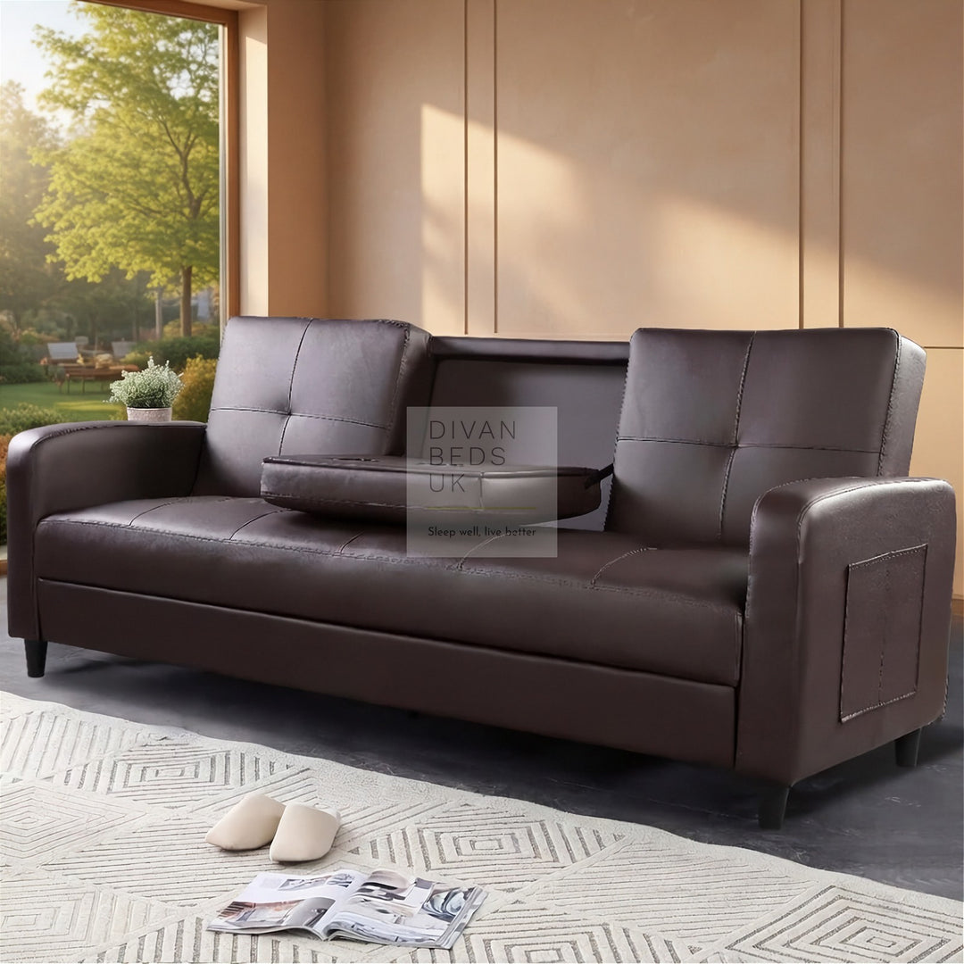 Salazar Brown Leather 3 Seater Sofa Bed with Cup Holders, Armrest and Side Storage Pockets