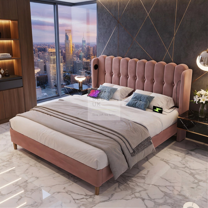 Calabria Wingback Pink Velvet Smart Bed with USB & Type-C Charging Stations on Both Sides