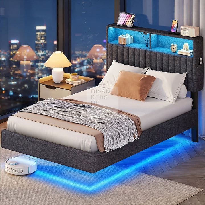 Houston Kids Smart Metal Floating Bed with Grey Padded Storage Headboard, LED Lights, USB & Type C Charging Station