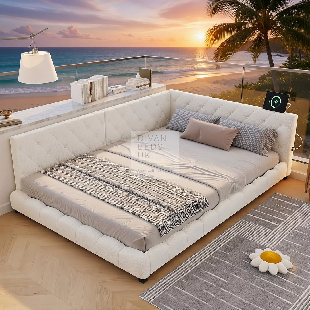 Imani Soft Boucle Beige Fabric Low Smart Sofa Bed with USB & Type C Charging Station