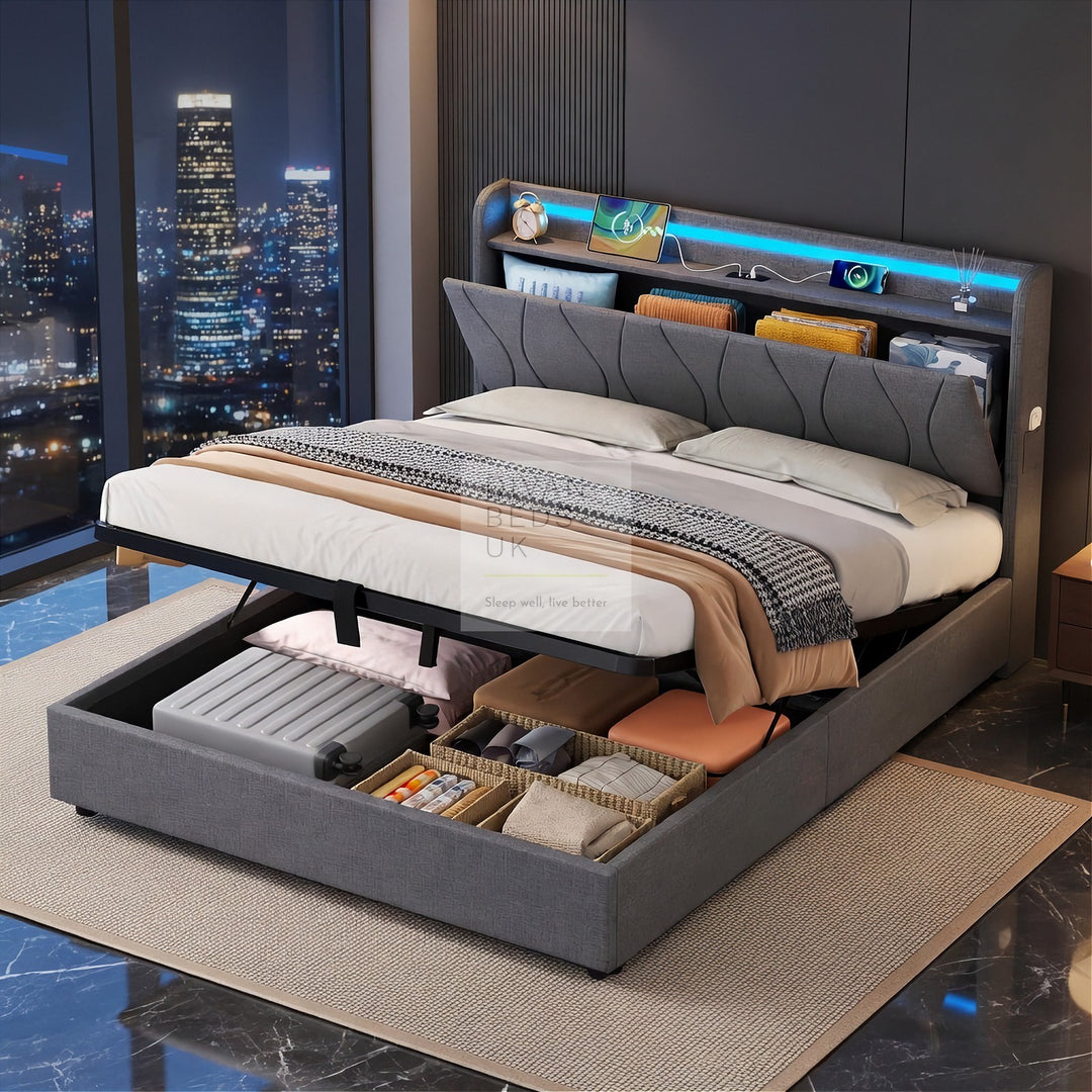 Naya Grey Linen Ottoman Storage Smart Bed with LED Lights, Type C and USB Charging Headboard Storage Shelf