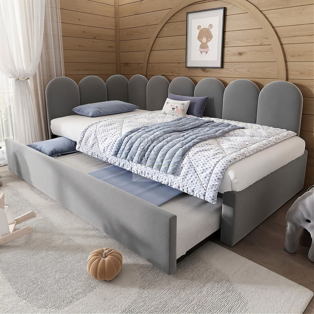 Novara Grey Plush Velvet Convertible Corner 3FT Single Daybed Sofa Bed Couch with Trundle
