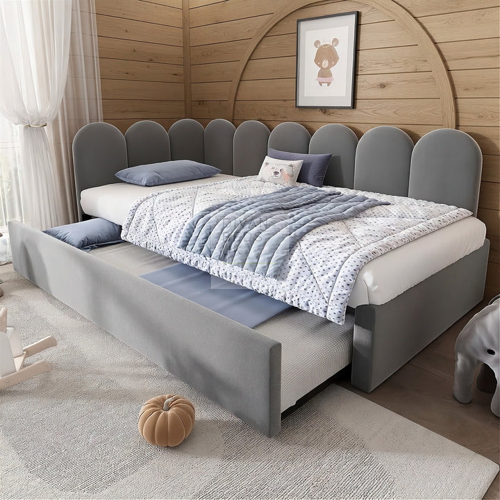 Novara Grey Plush Velvet Convertible Corner 3FT Single Daybed Sofa Bed Couch with Trundle