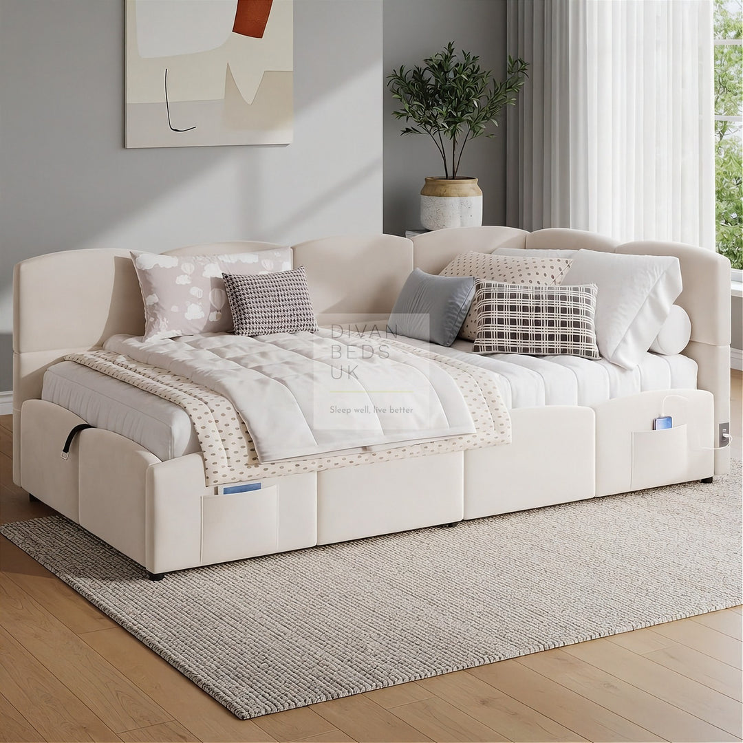 Amaia Beige Plush Velvet Smart Ottoman Storage Daybed Sofa Bed Couch with Charging Station, USB & Type C Ports