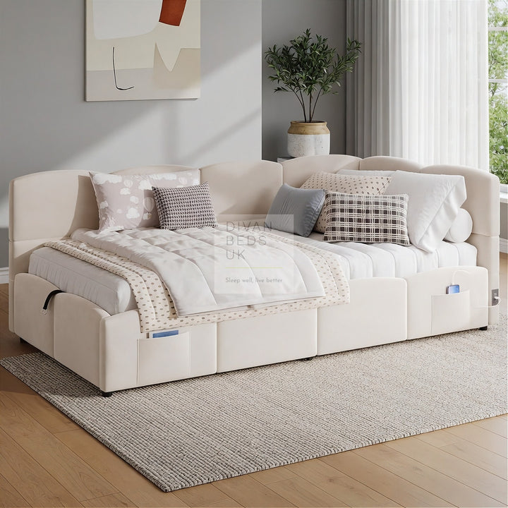 Amaia Beige Plush Velvet Smart Ottoman Storage Daybed Sofa Bed Couch with Charging Station, USB & Type C Ports