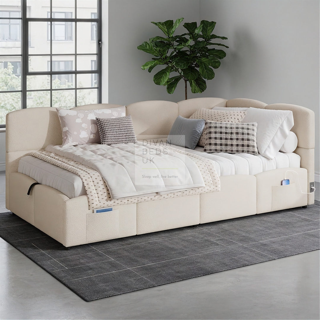 Amaia Beige Boucle Teddy Fabric Smart Ottoman Storage Daybed Sofa Bed Couch with Charging Station, USB & Type C Ports