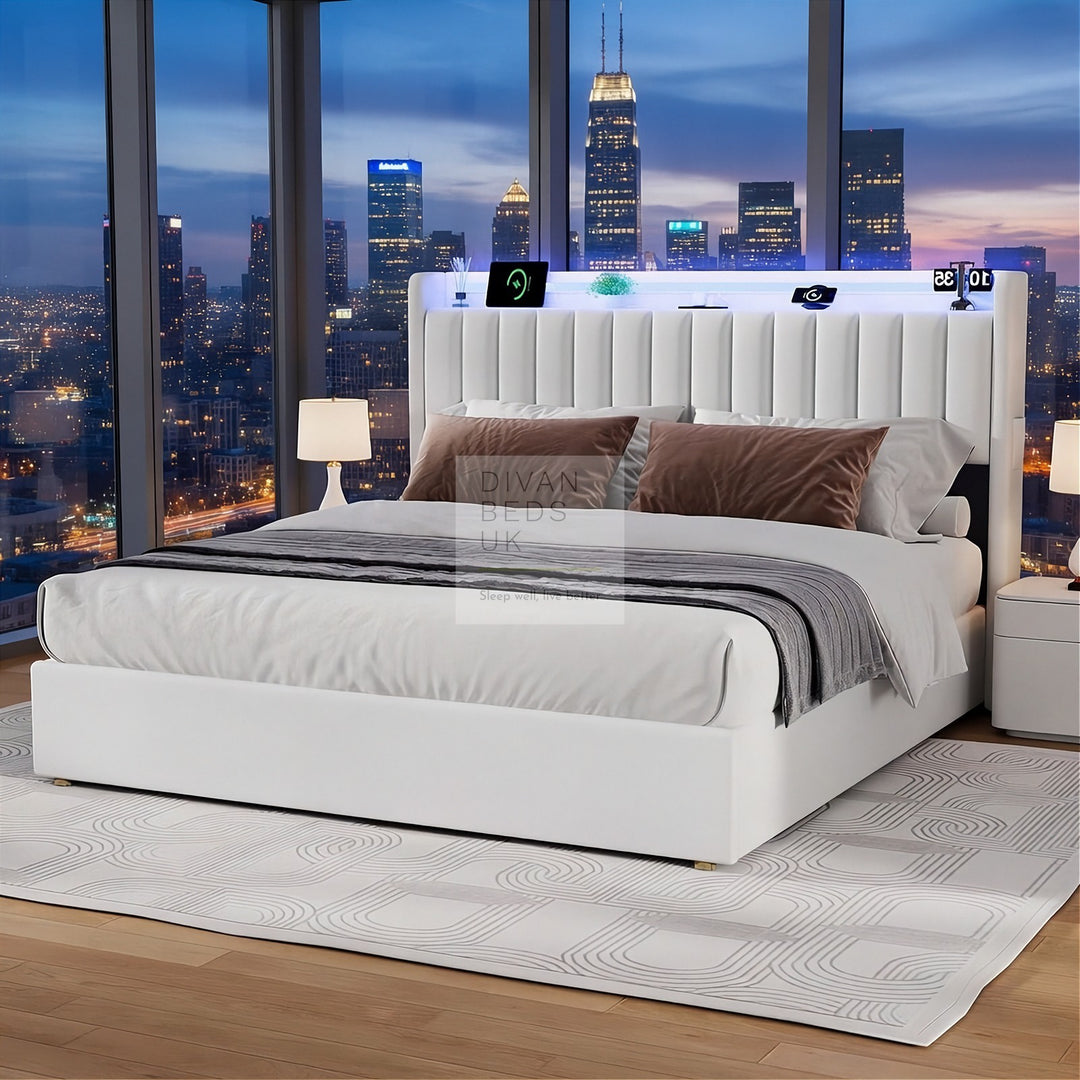 Mauricio White Leather Ottoman Smart Bed with LED Headboard Storage Charging Station, Socket, USB and Type C Port