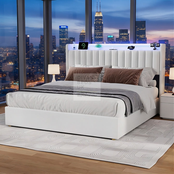 Mauricio White Leather Ottoman Smart Bed with LED Headboard Storage Charging Station, Socket, USB and Type C Port