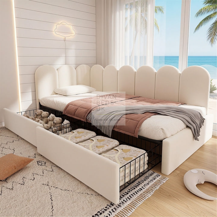 Novara Beige Plush Velvet 2 Drawer Corner 2 Seater Daybed Sofa Bed Couch