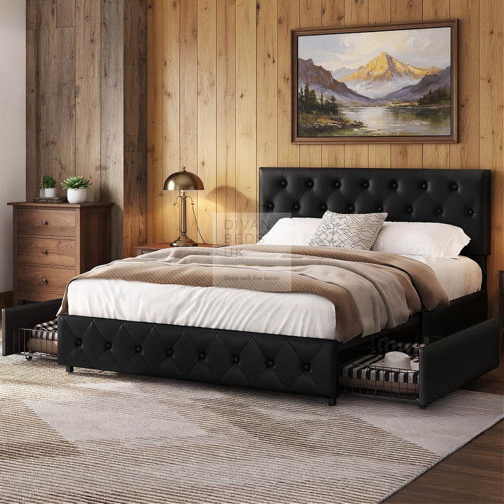 Emma Black Leather 2 Drawer Buttoned Bed Frame