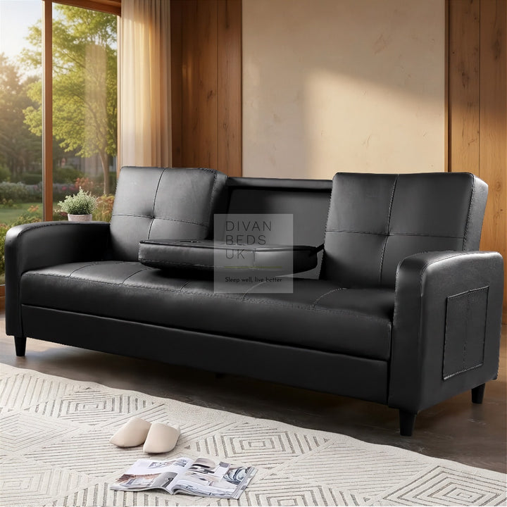 Salazar Black Leather 3 Seater Sofa Bed with Cup Holders, Armrest and Side Storage Pockets
