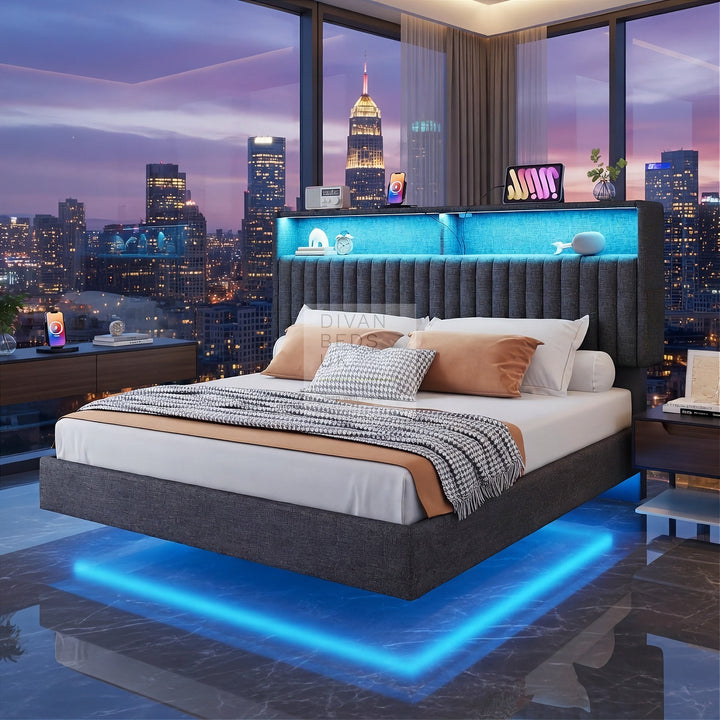 Houston Smart Metal Floating Bed with Grey Linen Padded Storage Headboard, LED Lights, USB & Type C Charging Station