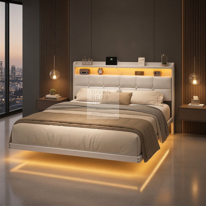 Harleigh Smart Metal Floating Bed with Off-White Padded Storage Headboard, LED Lights, Plug Sockets, USB &amp; Type C Charging Station