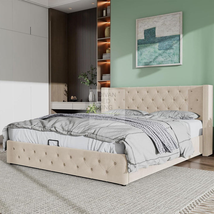 Harlow Cream Beige Plush Velvet Wingback Ottoman Storage Bed Frame