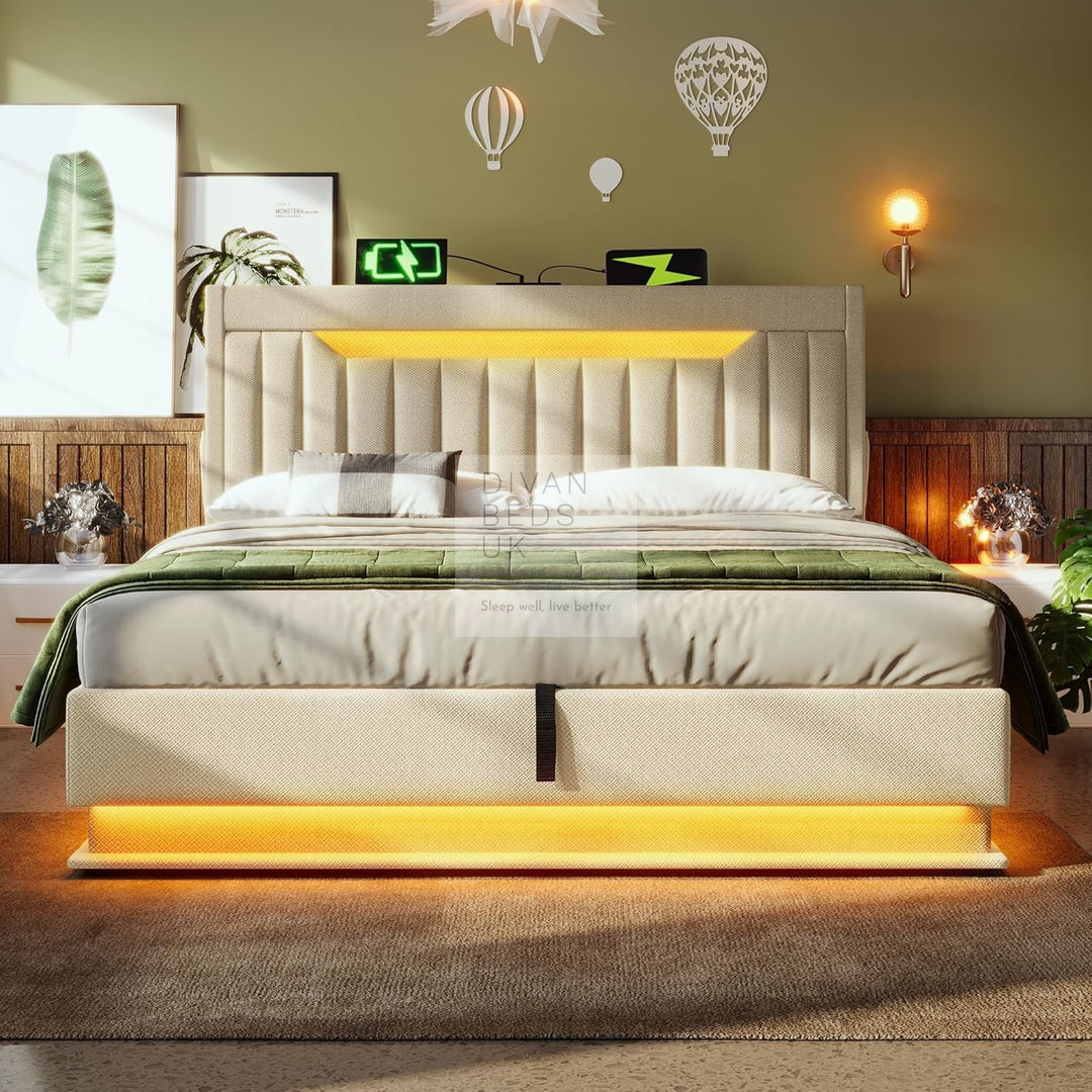 Moreno Beige Linen Wingback Ottoman Storage Smart Bed with Type C, USB & Wireless Charging Headboard Shelves