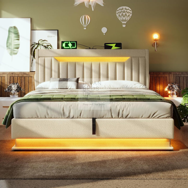Moreno Beige Linen Wingback Ottoman Storage Smart Bed with Type C, USB & Wireless Charging Headboard Shelves