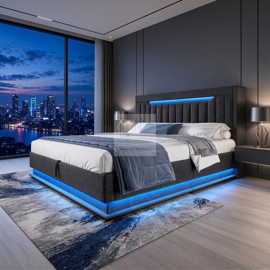 Moreno Grey Linen Wingback Ottoman Storage Smart Bed with Type C, USB &amp; Wireless Charging Headboard Shelves