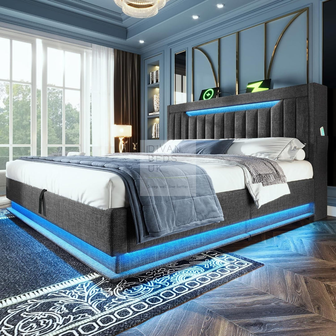 Moreno Grey Linen Wingback Ottoman Storage Smart Bed with Type C, USB & Wireless Charging Headboard Shelves