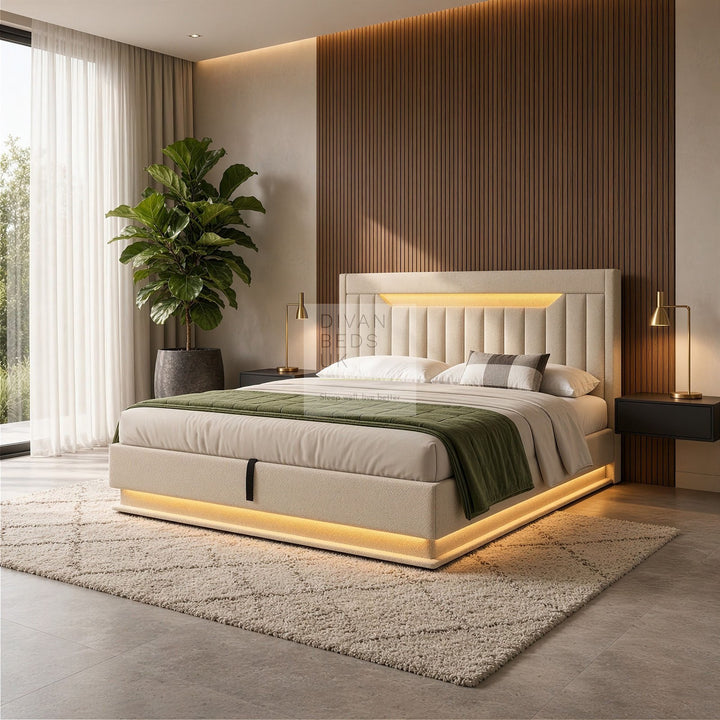 Moreno Beige Linen Wingback Ottoman Storage Smart Bed with Type C, USB &amp; Wireless Charging Headboard Shelves