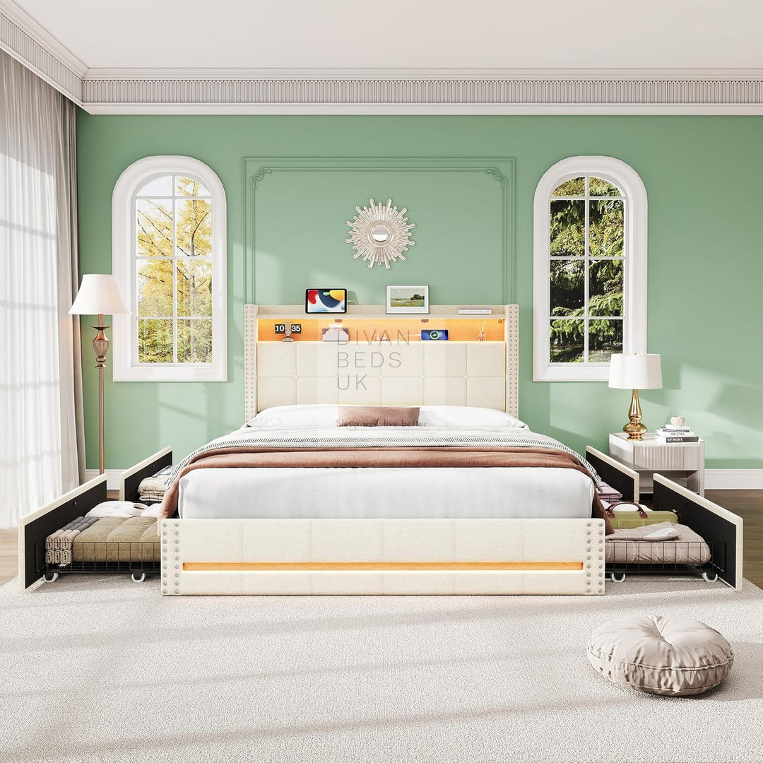 Modena Beige Linen Smart Wingback Bed with 4 Drawer Storage with Charging Station USB Type C on Headboard Storage Shelf