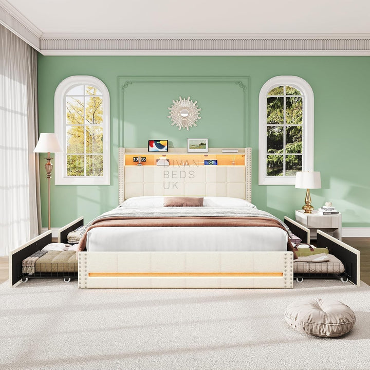 Modena Beige Linen Smart Wingback Bed with 4 Drawer Storage with Charging Station USB Type C on Headboard Storage Shelf