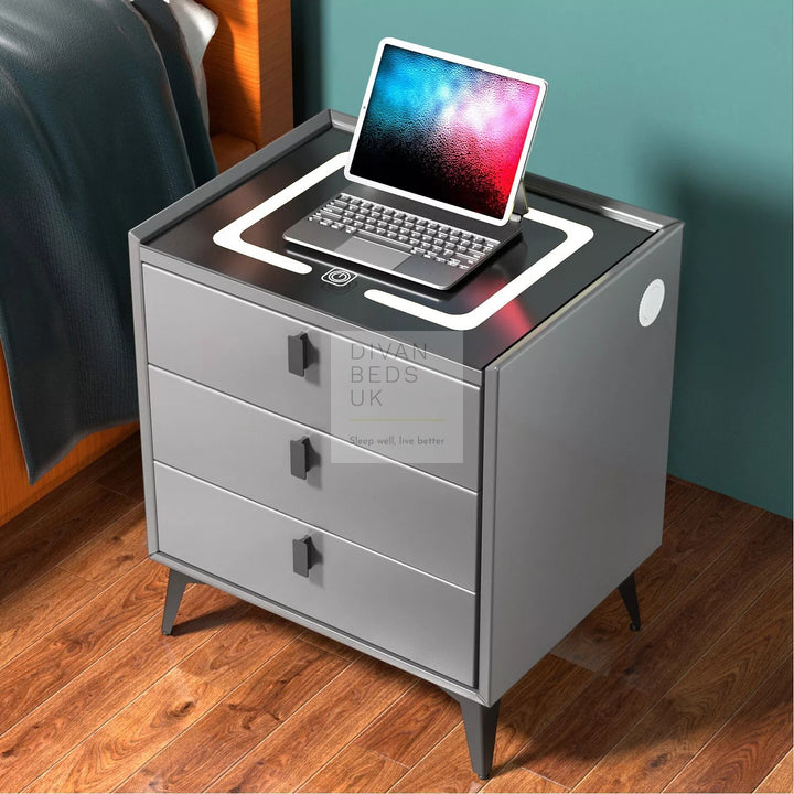 Elara Grey 3 Drawer Smart LED Bedside Table with USB, Type C and Wireless Charging