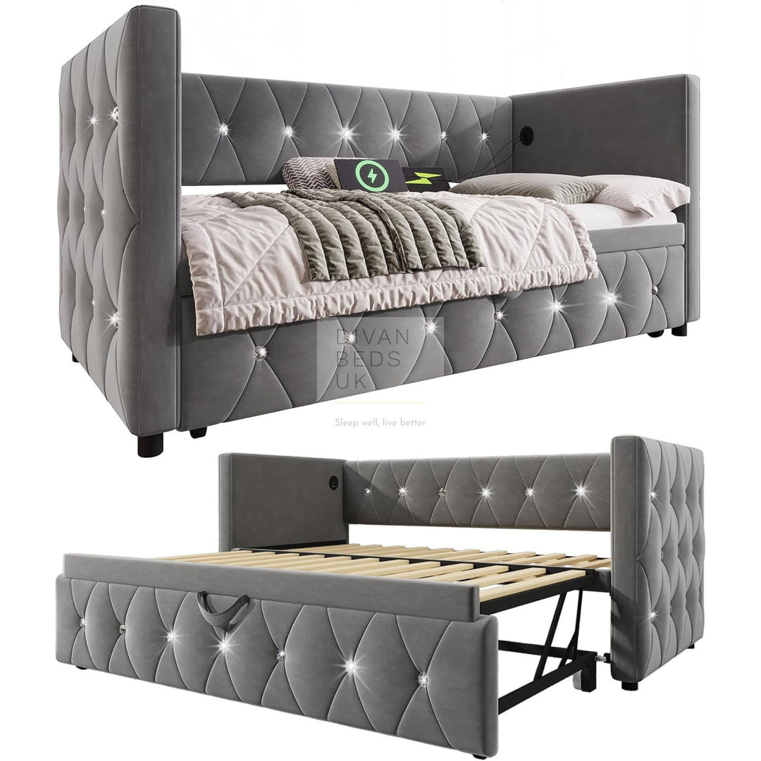 Taranto Grey Velvet Diamante Crystal Smart Daybed Sofa Bed Couch with Trundle, Charging Station, USB & Type C Ports