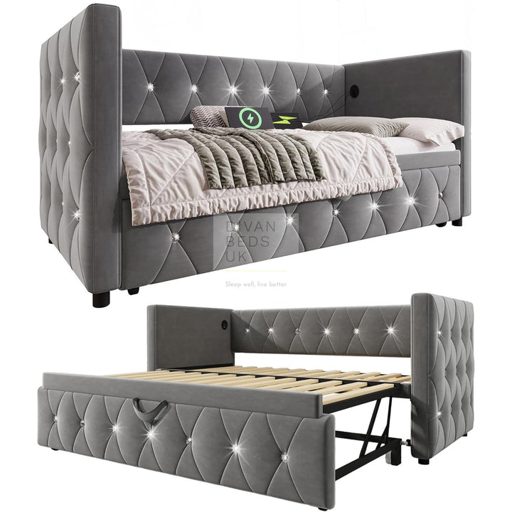 Taranto Grey Velvet Diamante Crystal Smart Daybed Sofa Bed Couch with Trundle, Charging Station, USB & Type C Ports