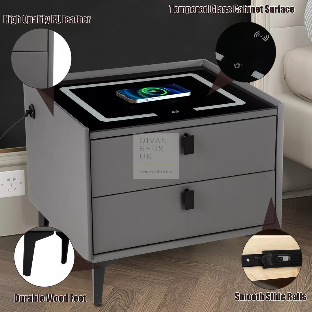 Elara Grey 2 Drawer Smart LED Bedside Table with USB, Type C and Wireless Charging