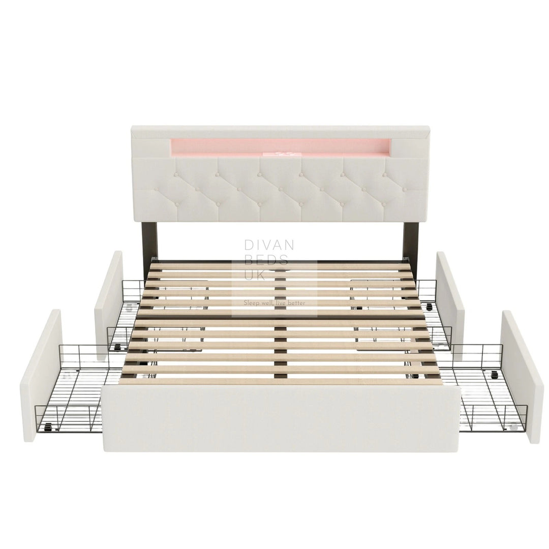 Harmon Beige Linen Smart Bed with 4 Drawer Storage, LED and Charging Station AC Socket, USB, Type C on Headboard Storage Shelf